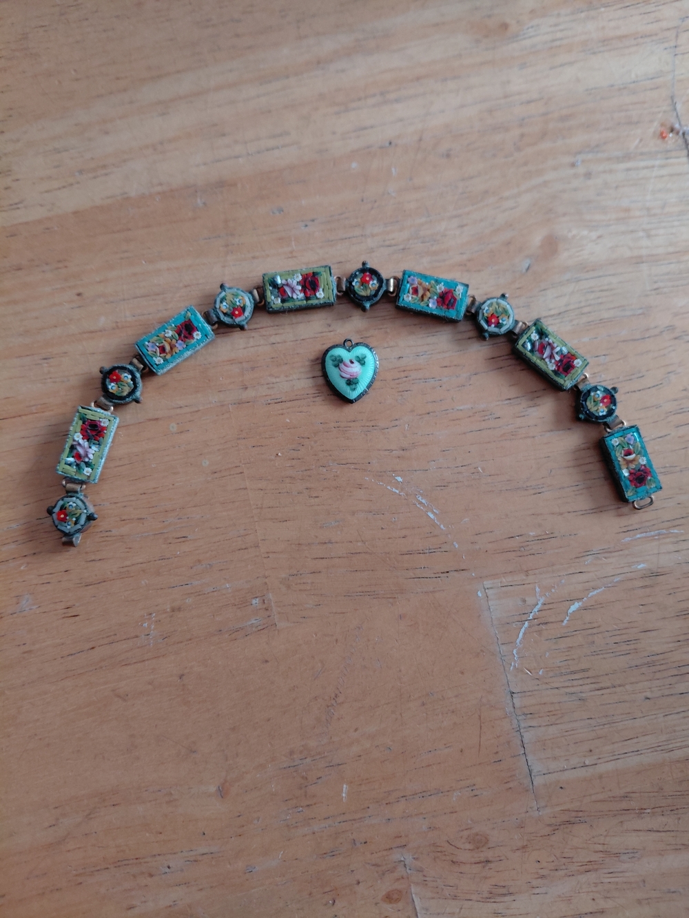 Vintage Micro Mosaic Floral Bracelet with Heart Charm - Turquoise/Green